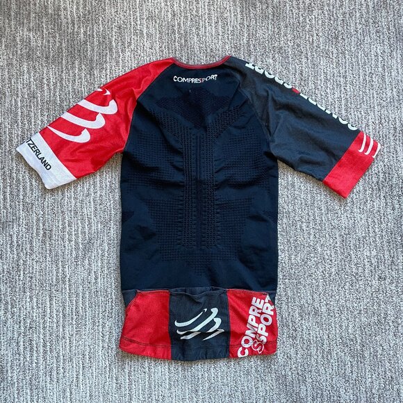 Men's Small Compressport Quarter Zip Cycling Jersey with Pockets Black Red - Picture 3 of 4